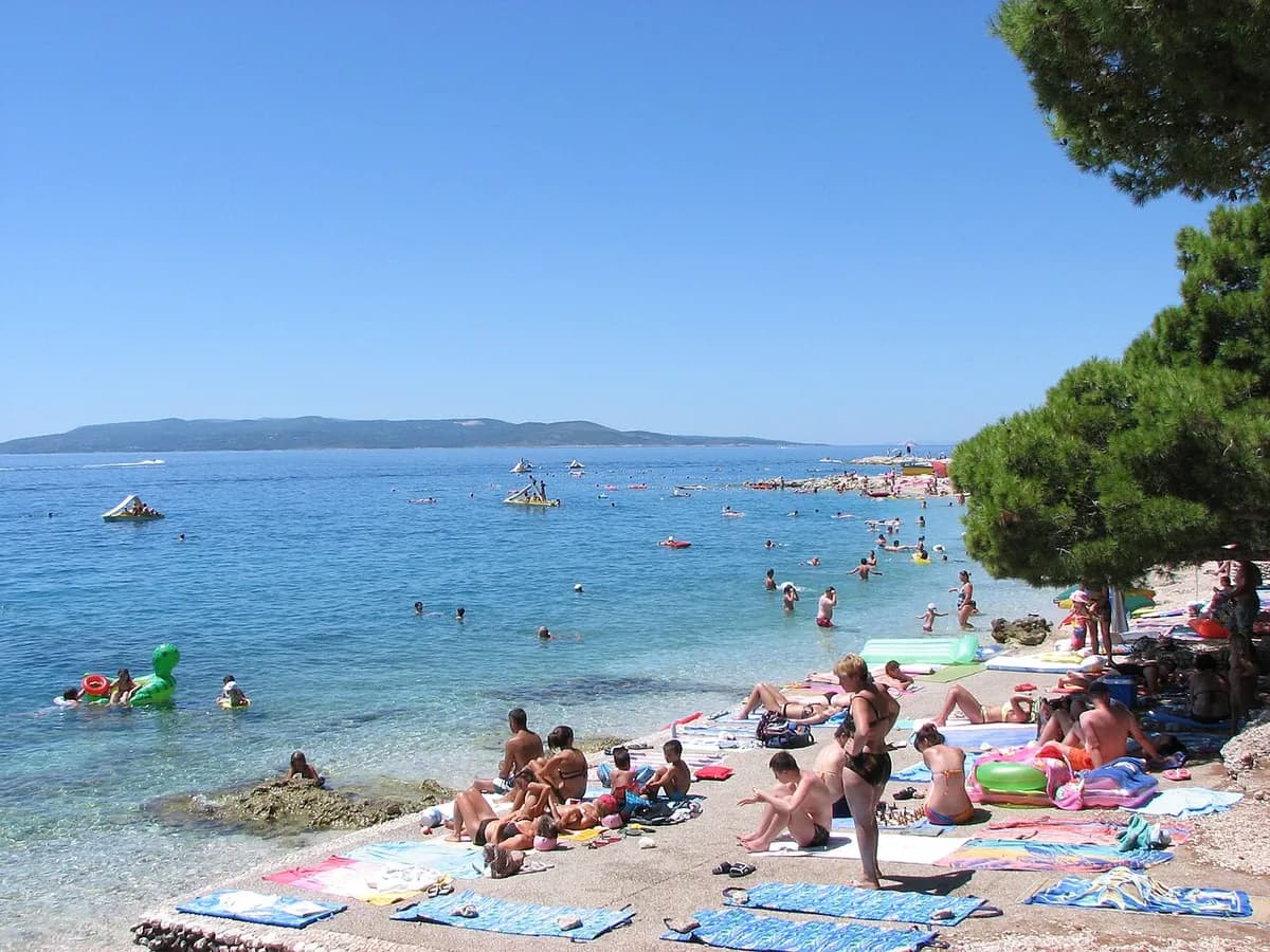 Makarska beach with Biokovo mountain backdrop, Croatia